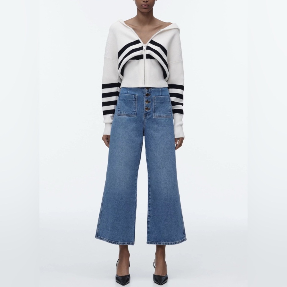 Zara Blue High Rise Wide Leg Cropped Jeans Pants size 12